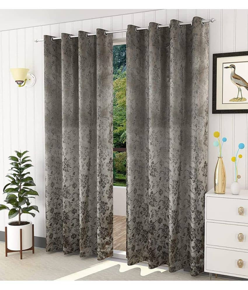 Kraftiq Homes Floral Blackout Eyelet Curtain 9 ft ( Pack of 2 ) - Light Grey