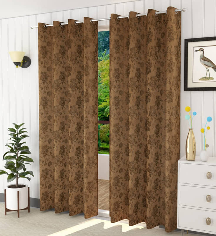 Kraftiq Homes Floral Blackout Eyelet Curtain 7 ft ( Pack of 2 ) - Brown