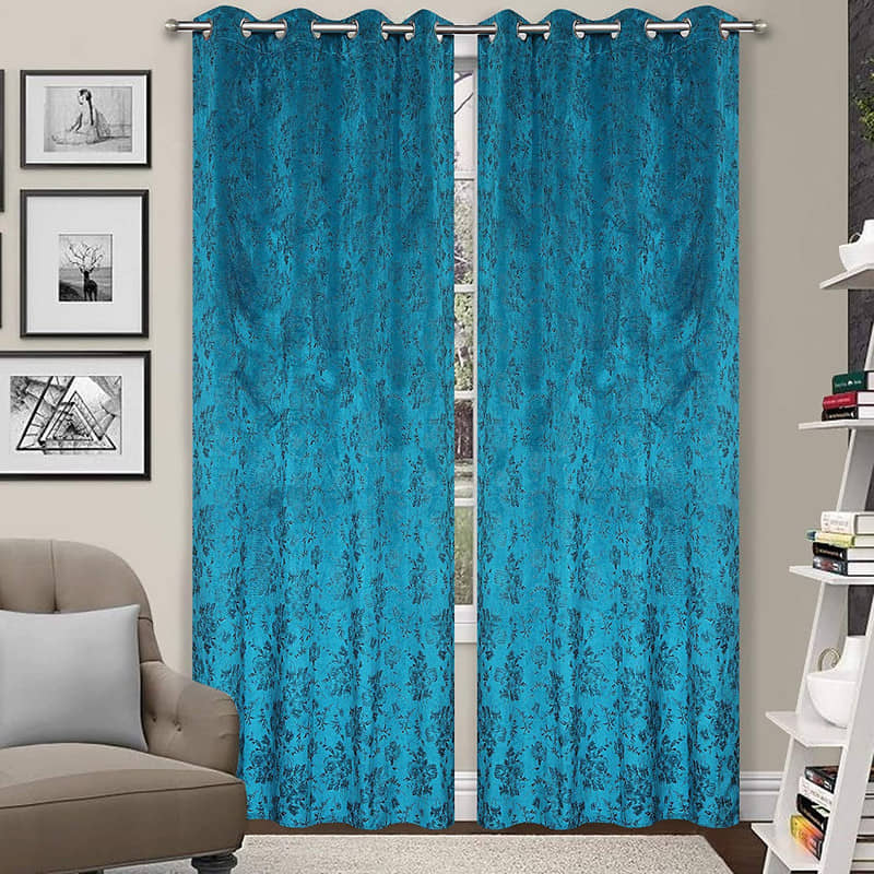Kraftiq Homes Floral Blackout Eyelet Curtain 7 ft ( Pack of 2 ) - Blue