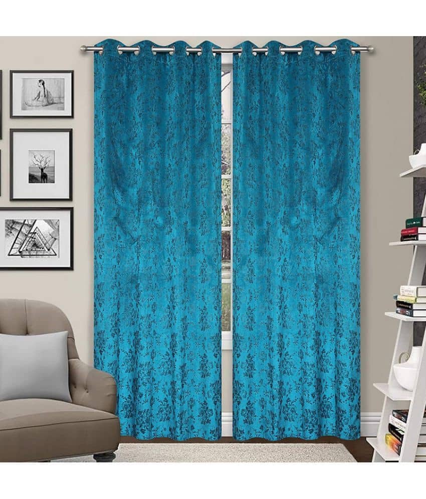 Kraftiq Homes Floral Blackout Eyelet Curtain 7 ft ( Pack of 2 ) - Blue