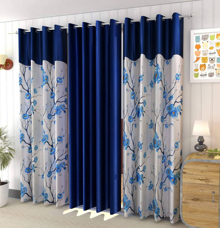 Kraftiq Homes Floral Semi-Transparent Eyelet Curtain 7 ft ( Pack of 3 ) - Blue