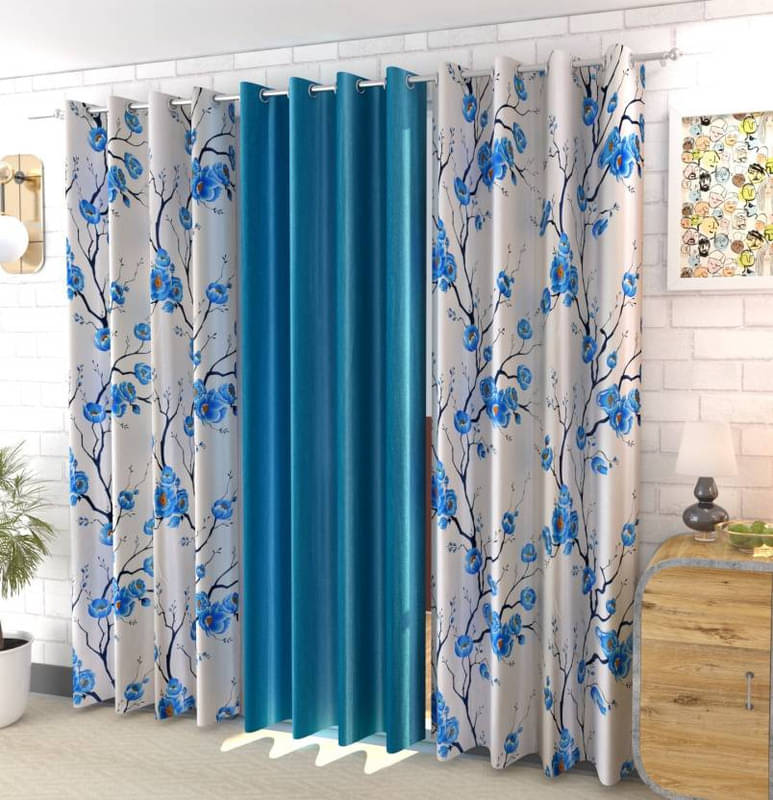     			Kraftiq Homes Floral Semi-Transparent Eyelet Curtain 5 ft ( Pack of 3 ) - Blue