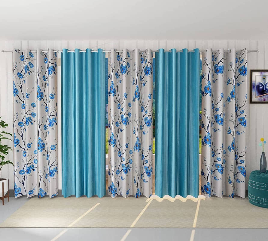 Kraftiq Homes Floral Semi-Transparent Eyelet Curtain 5 ft ( Pack of 5 ) - Blue