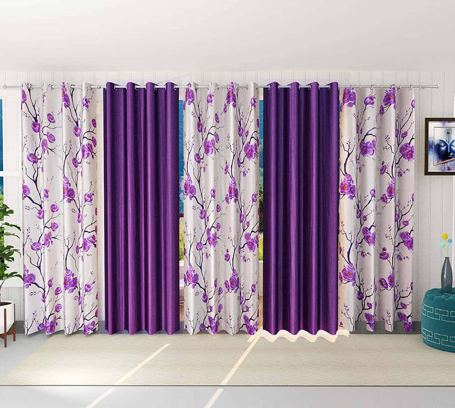 Kraftiq Homes Floral Semi-Transparent Eyelet Curtain 5 ft ( Pack of 5 ) - Purple