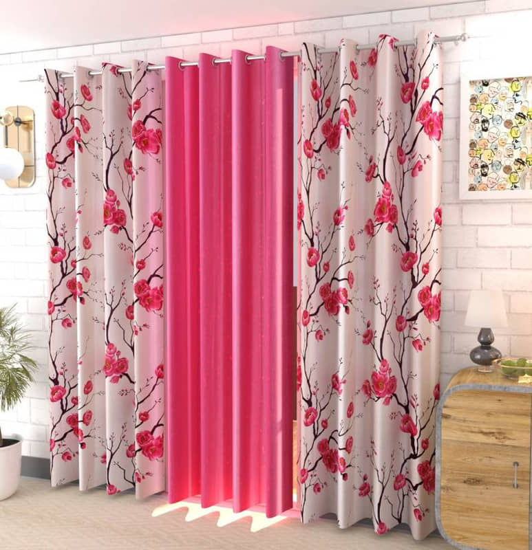Kraftiq Homes Floral Semi-Transparent Eyelet Curtain 9 ft ( Pack of 3 ) - Pink