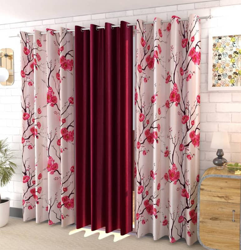 Kraftiq Homes Floral Semi-Transparent Eyelet Curtain 7 ft ( Pack of 3 ) - Red