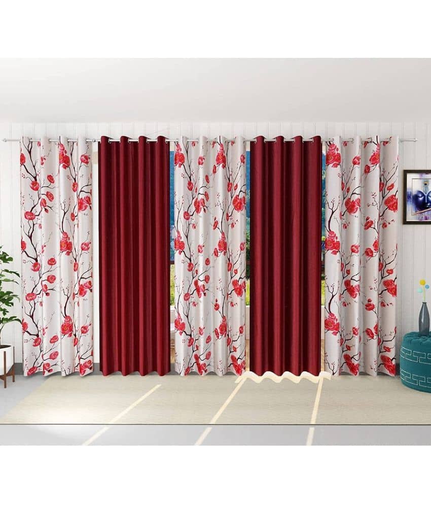 Kraftiq Homes Floral Semi-Transparent Eyelet Curtain 5 ft ( Pack of 5 ) - Red