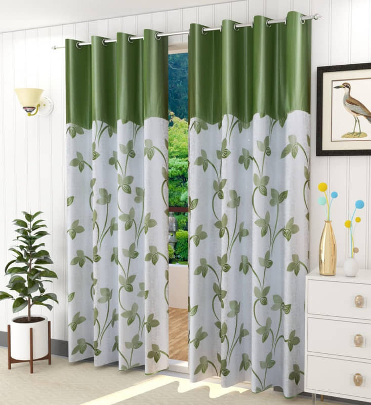 Kraftiq Homes Floral Semi-Transparent Eyelet Curtain 9 ft ( Pack of 2 ) - Green