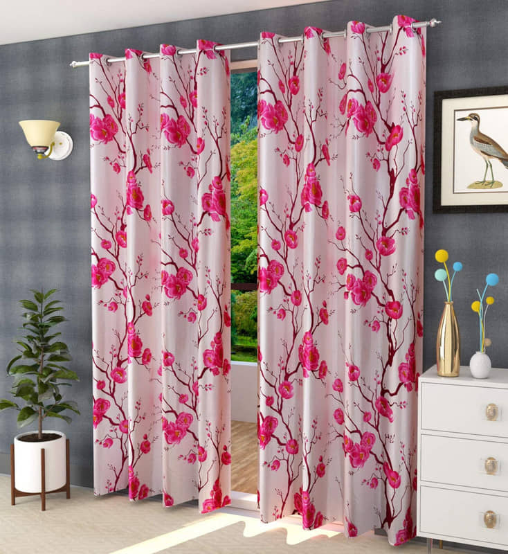 Kraftiq Homes Floral Semi-Transparent Eyelet Curtain 5 ft ( Pack of 2 ) - Pink