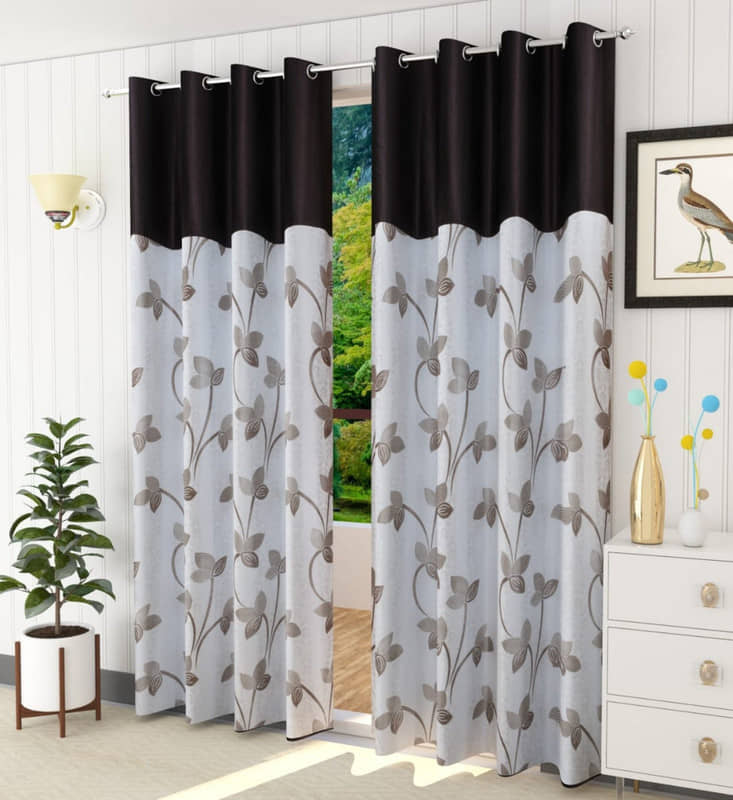 Kraftiq Homes Floral Semi-Transparent Eyelet Curtain 9 ft ( Pack of 2 ) - Brown