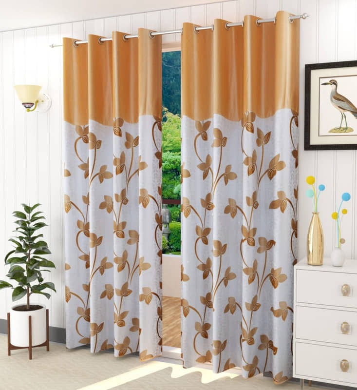 Kraftiq Homes Floral Semi-Transparent Eyelet Curtain 7 ft ( Pack of 2 ) - Beige