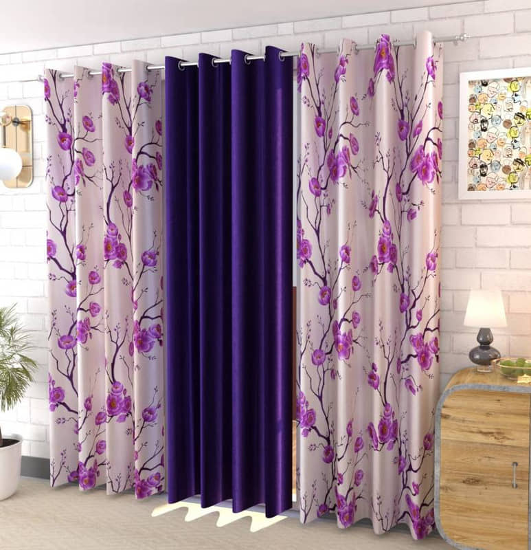 Kraftiq Homes Floral Semi-Transparent Eyelet Curtain 9 ft ( Pack of 3 ) - Purple