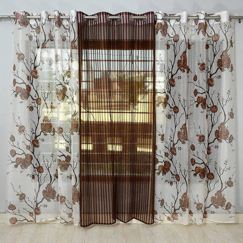 Kraftiq Homes Floral Transparent Eyelet Curtain 7 ft ( Pack of 3 ) - Brown