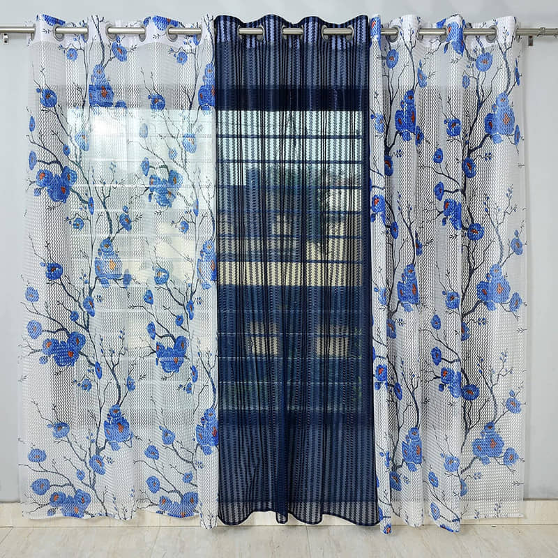 Kraftiq Homes Floral Transparent Eyelet Curtain 9 ft ( Pack of 3 ) - Blue