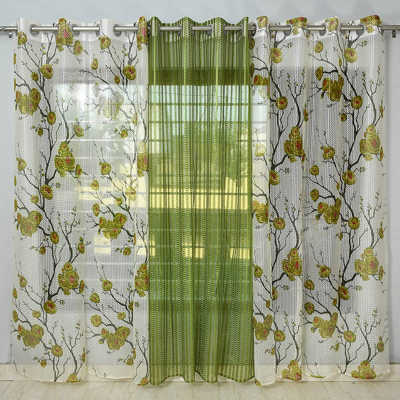 Kraftiq Homes Floral Transparent Eyelet Curtain 7 ft ( Pack of 3 ) - Green