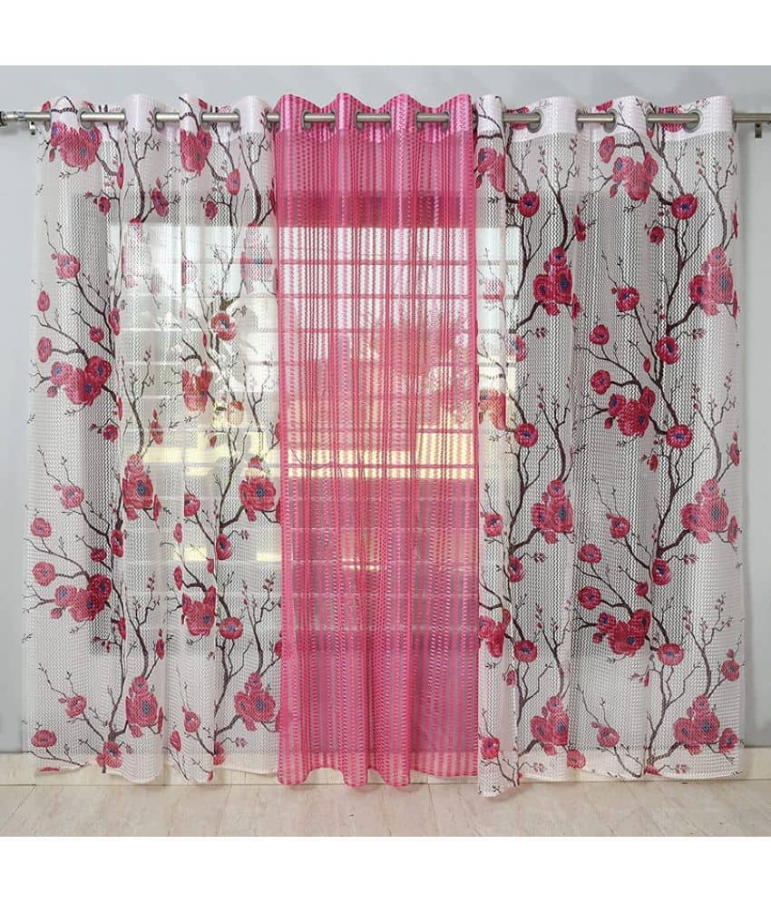 Kraftiq Homes Floral Transparent Eyelet Curtain 7 ft ( Pack of 3 ) - Pink