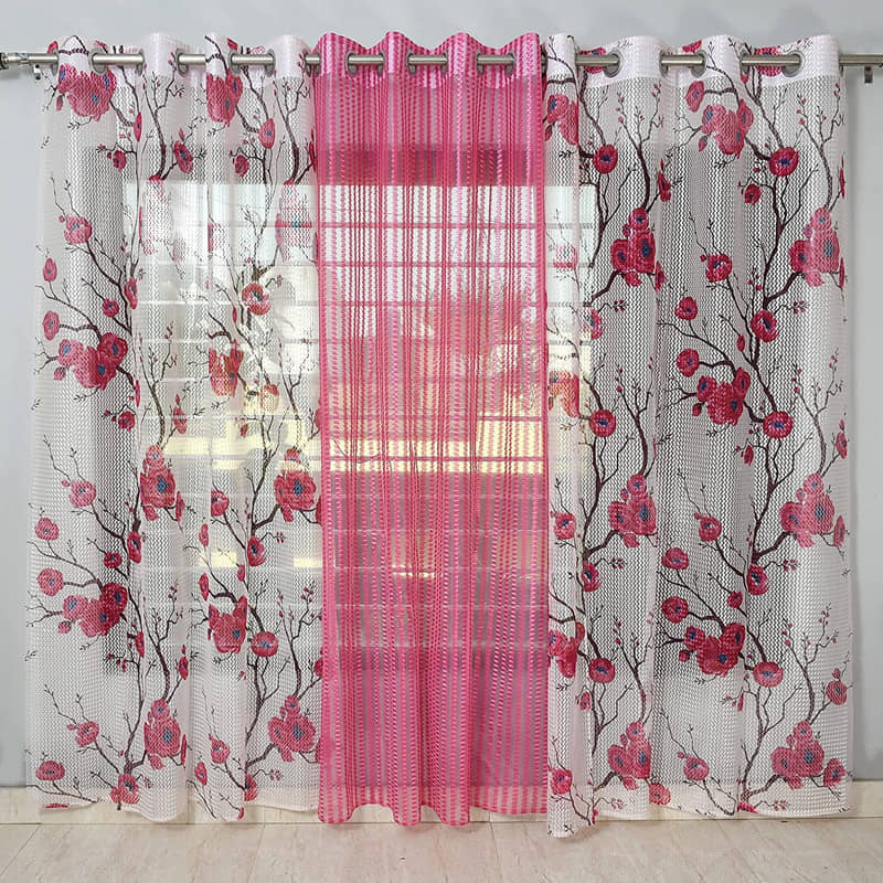 Kraftiq Homes Floral Transparent Eyelet Curtain 7 ft ( Pack of 3 ) - Pink