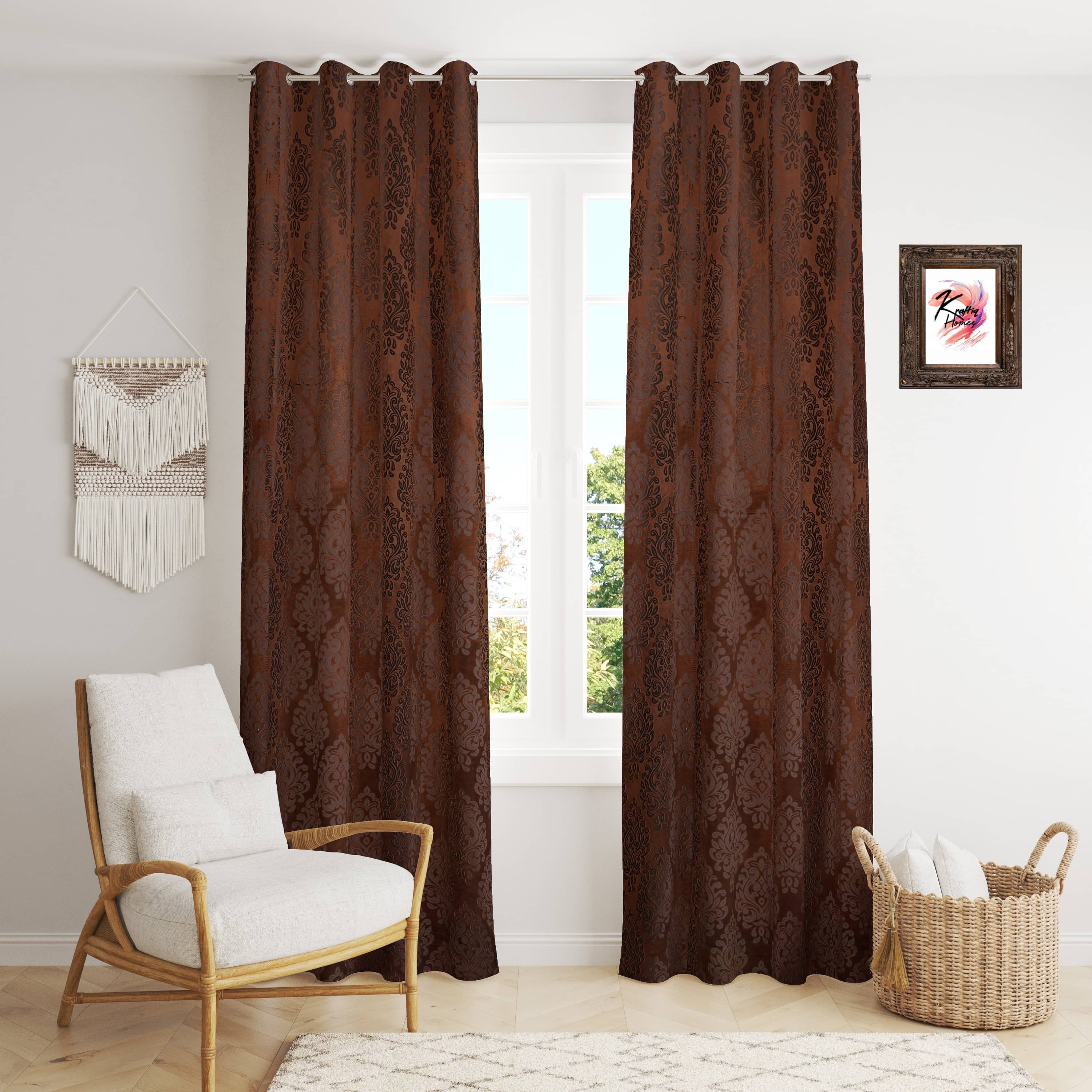 Kraftiq Homes Geometric Blackout Eyelet Curtain 7 ft ( Pack of 2 ) - Brown