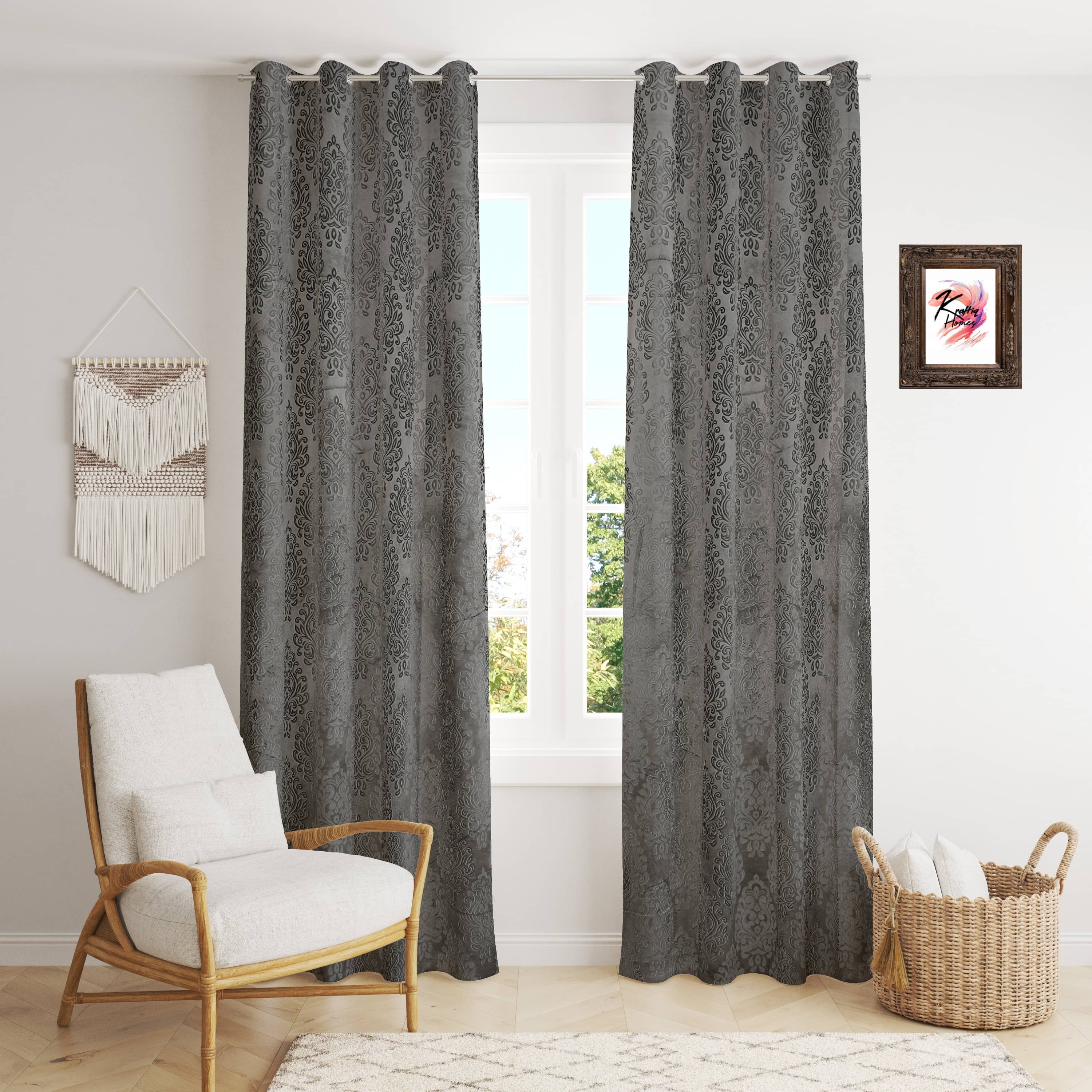 Kraftiq Homes Geometric Blackout Eyelet Curtain 7 ft ( Pack of 2 ) - Light Grey