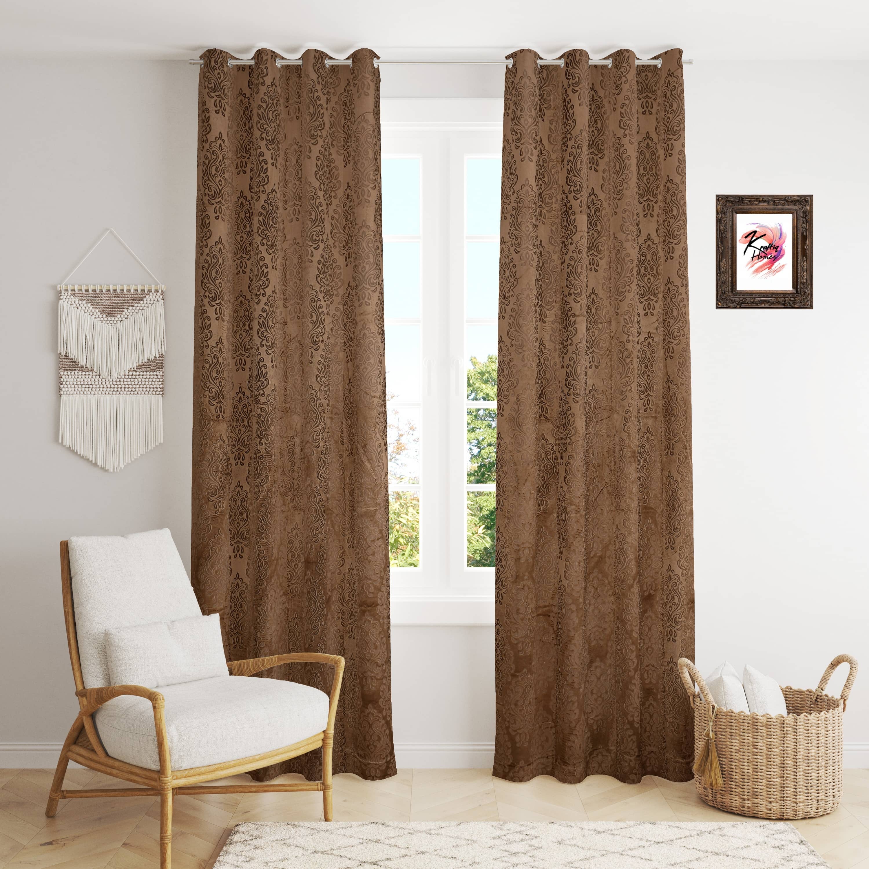 Kraftiq Homes Geometric Blackout Eyelet Curtain 9 ft ( Pack of 2 ) - Brown