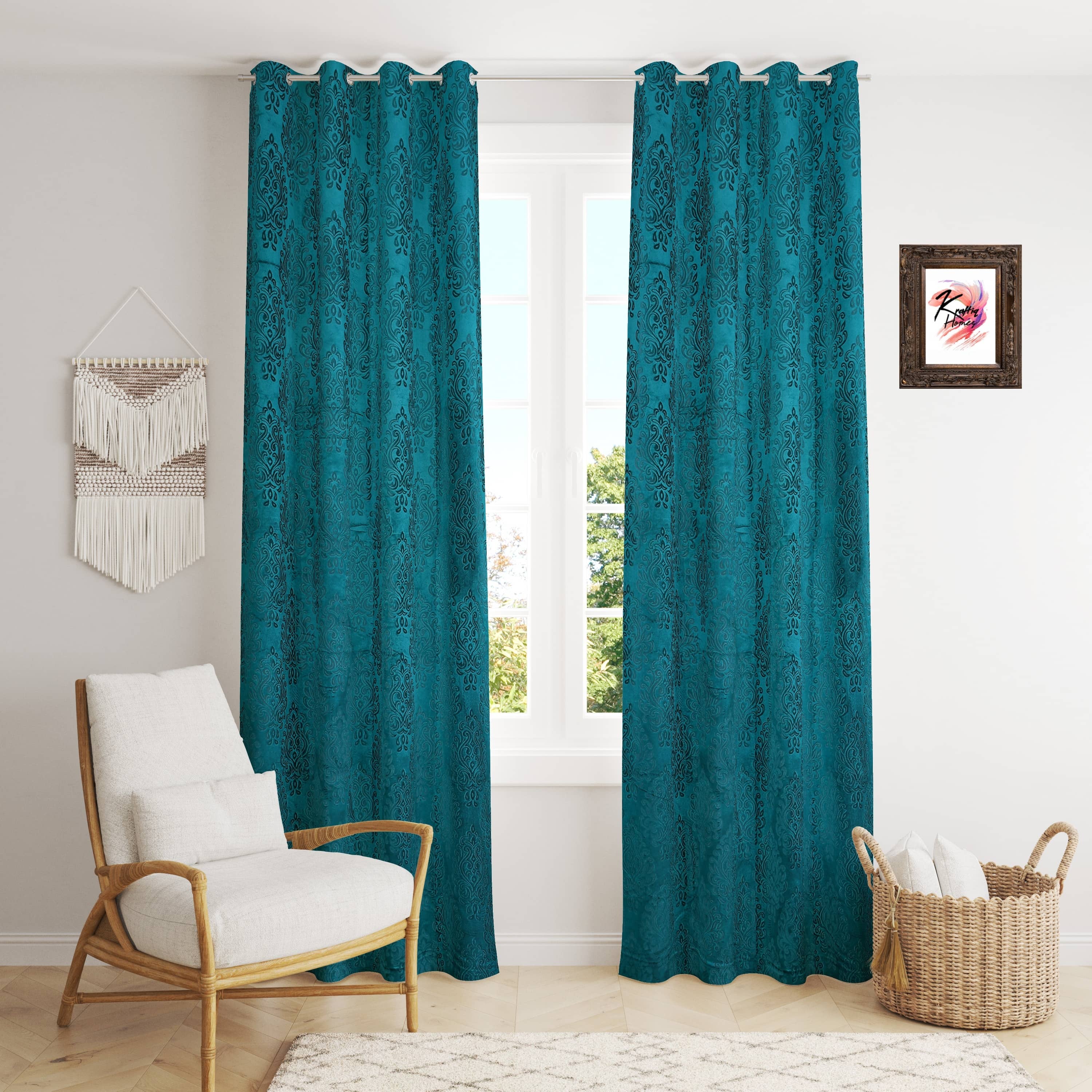 Kraftiq Homes Geometric Blackout Eyelet Curtain 5 ft ( Pack of 2 ) - Blue