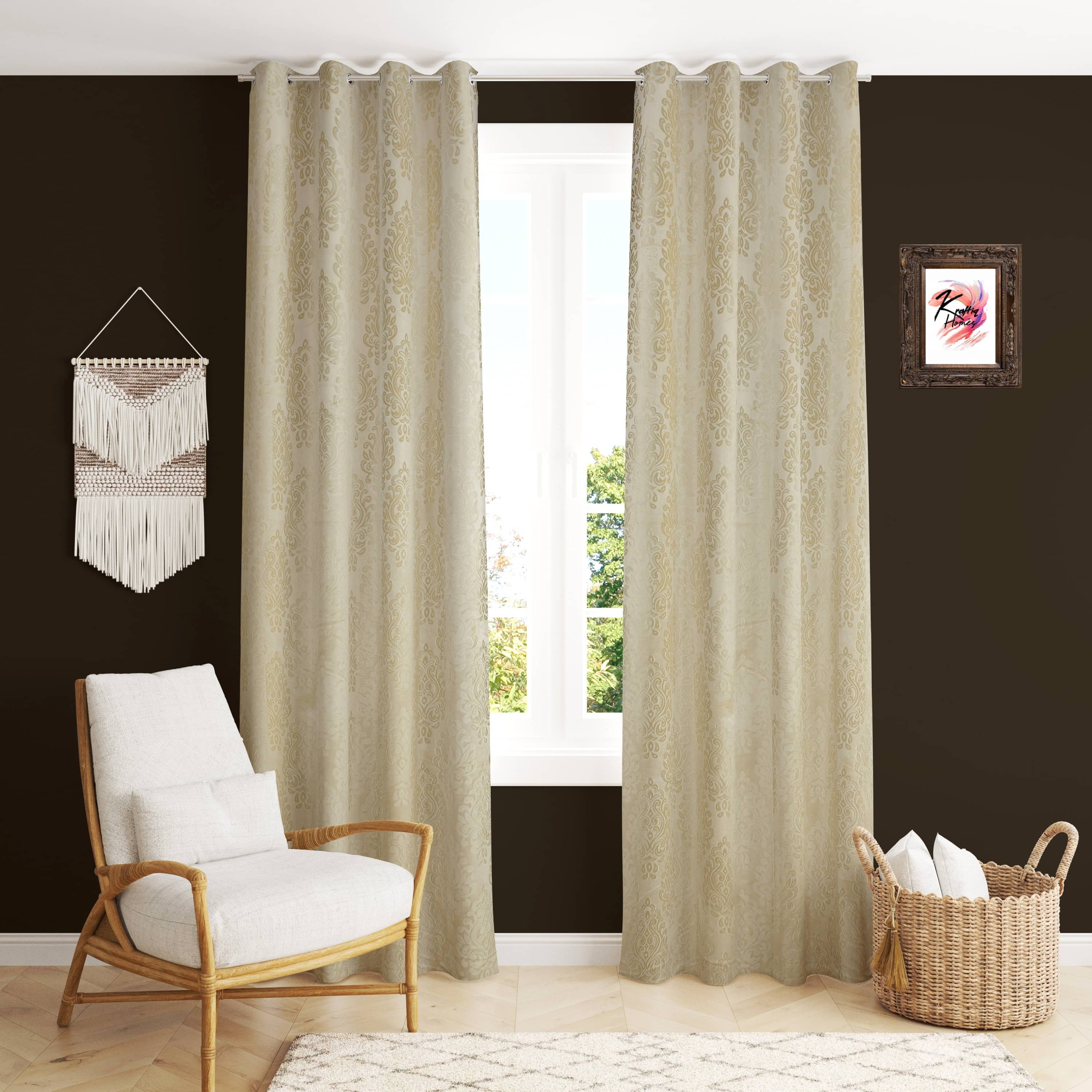 Kraftiq Homes Geometric Blackout Eyelet Curtain 5 ft ( Pack of 2 ) - White