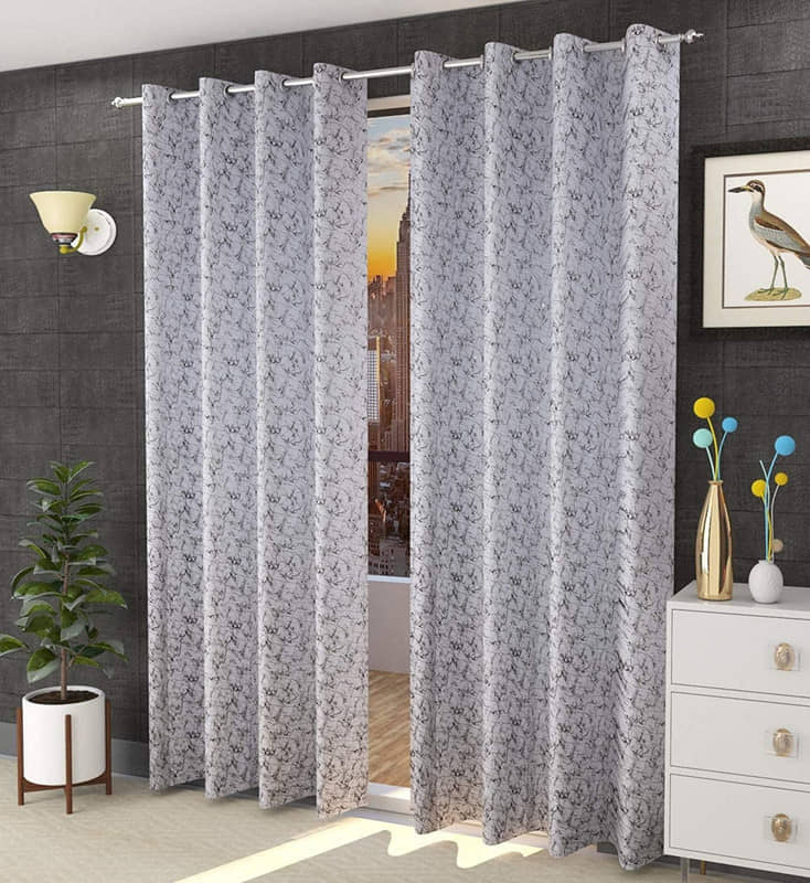 Kraftiq Homes Graphic Blackout Eyelet Curtain 8 ft ( Pack of 2 ) - White