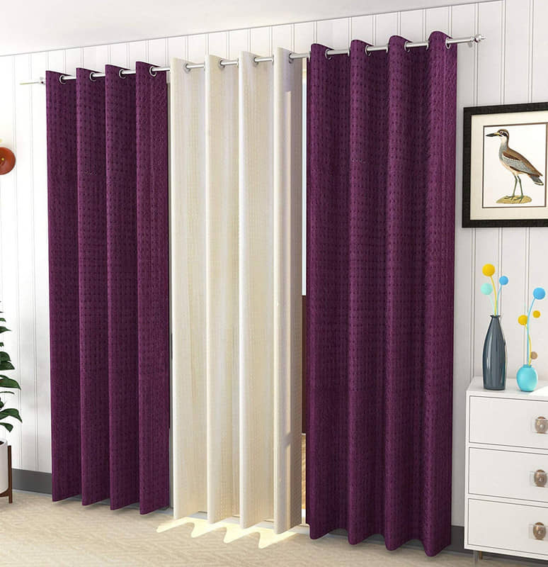 Kraftiq Homes Solid Semi-Transparent Eyelet Curtain 7 ft ( Pack of 3 ) - Multicolor