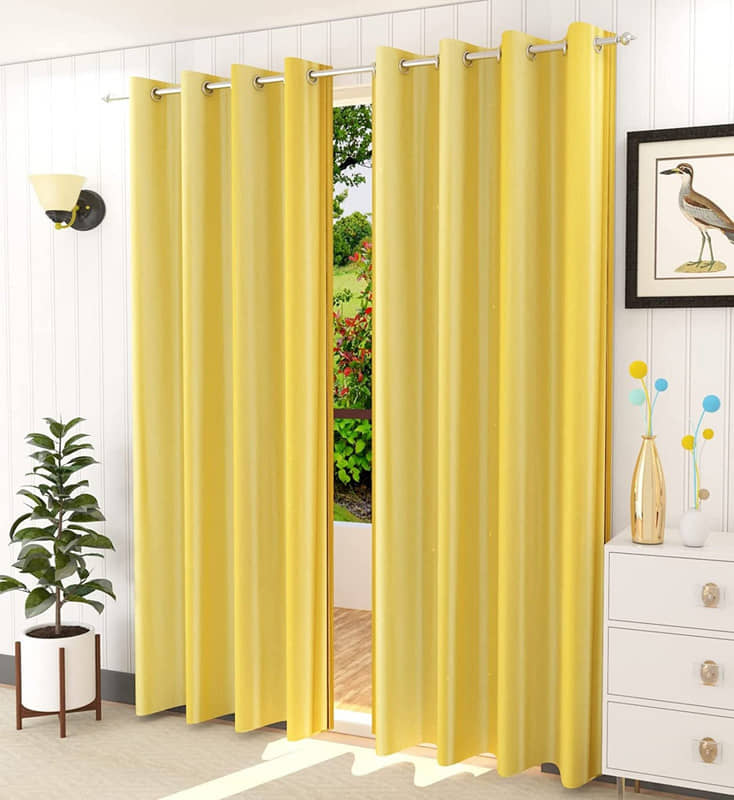 Kraftiq Homes Solid Semi-Transparent Eyelet Curtain 5 ft ( Pack of 2 ) - Yellow