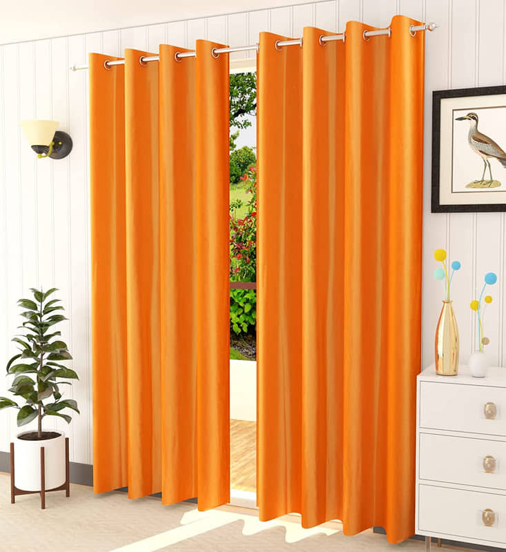 Kraftiq Homes Solid Semi-Transparent Eyelet Curtain 7 ft ( Pack of 2 ) - Orange