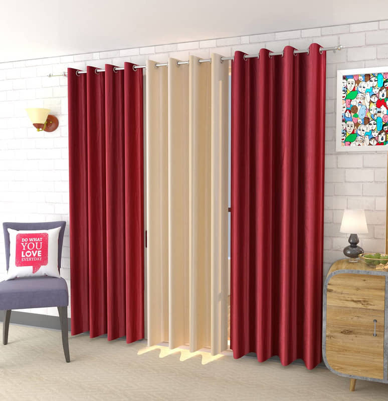 Kraftiq Homes Solid Semi-Transparent Eyelet Curtain 7 ft ( Pack of 3 ) - Red