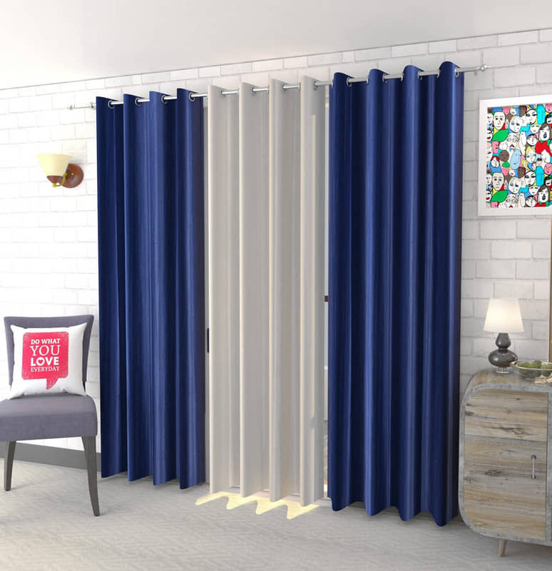 Kraftiq Homes Solid Semi-Transparent Eyelet Curtain 9 ft ( Pack of 3 ) - Blue