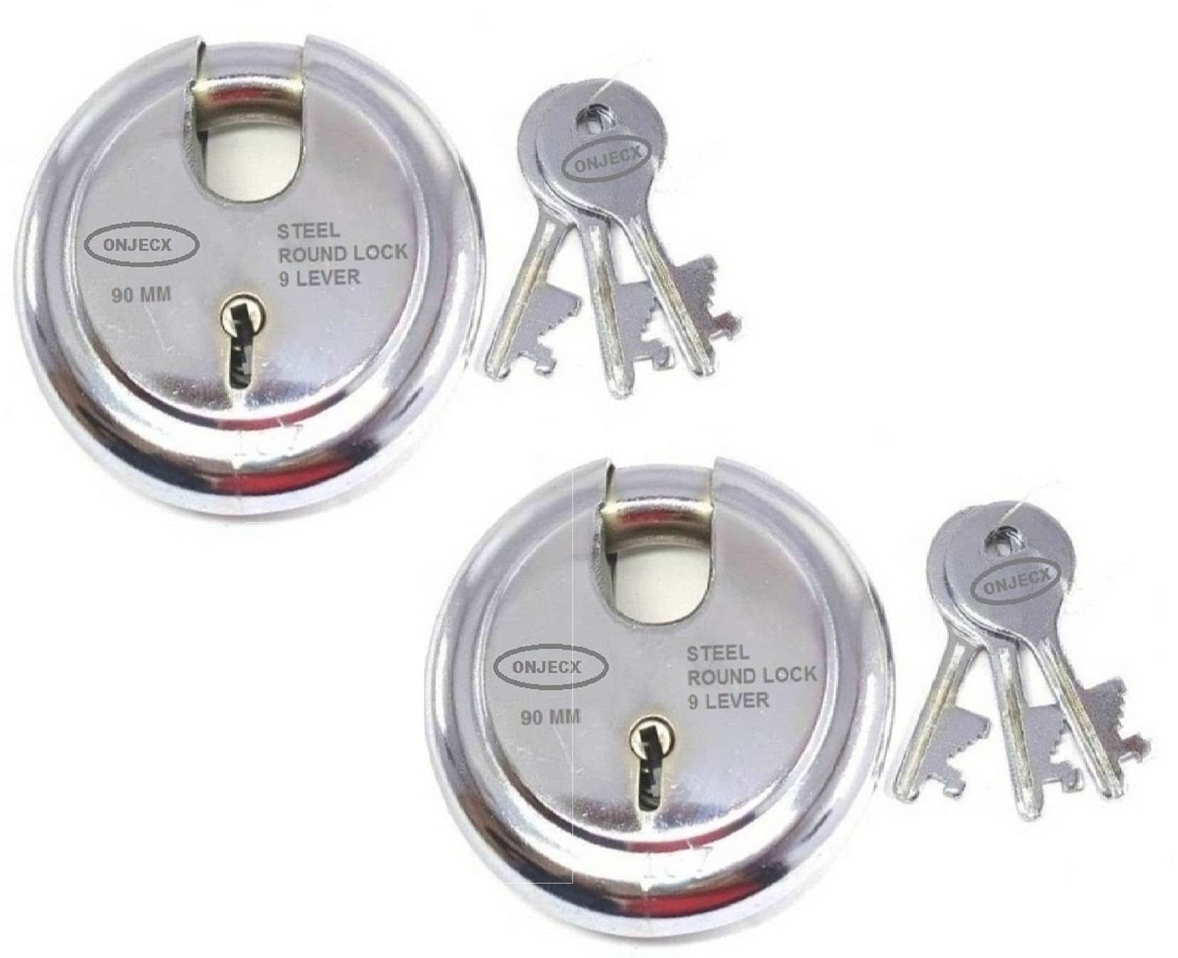 OJASS Steel High Quality Primium range Lock 9 Levers 90 mm Heavy Duty Padlock , Sutter lock, Round lock Long life Durable with 3 Keys for Main Gate, Office Door, Shop Shutter, Pack of 2 pcs (RPLL902)