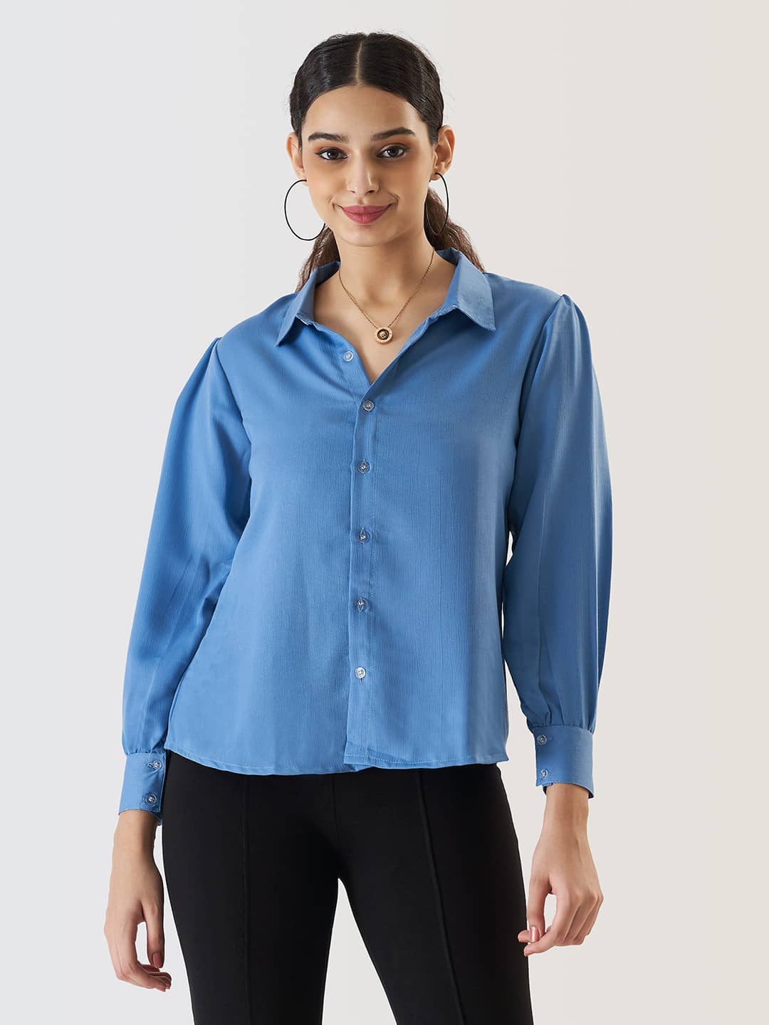 Prettify Women Solid Viscose Shirt ( Blue )