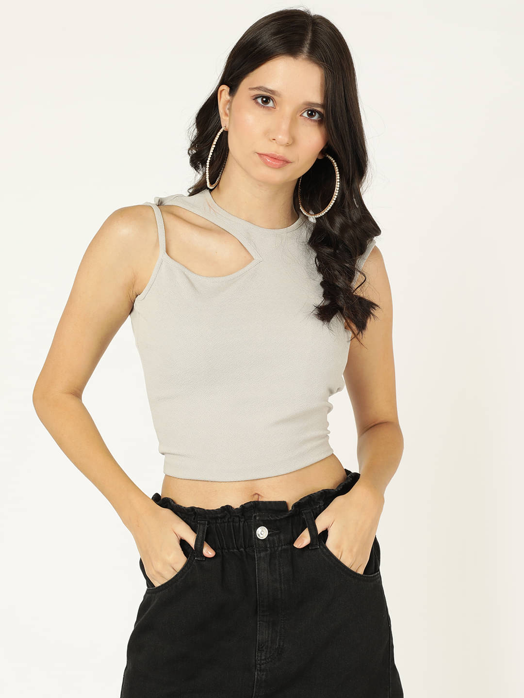 Prettify Women's Cotton Blend Crop Top ( Grey ) Prettify Women's Cotton Blend Crop Top ( Grey )