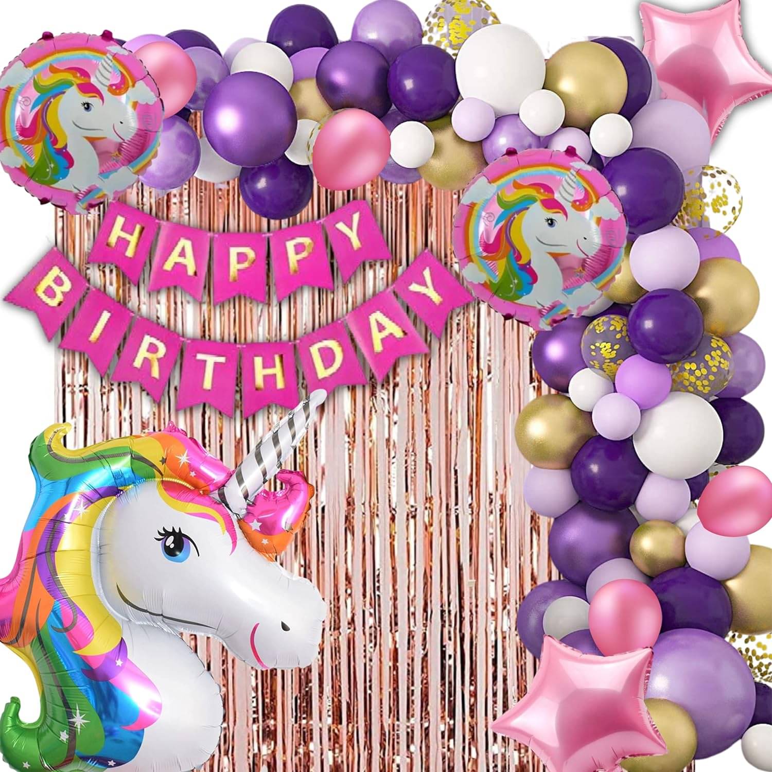     			Urban Classic Unicorn Theme Birthday Decoration Combo of 70pc - 40 Balloons(Pink, Purple, White, Gold), 5pc Unicorn Balloon Set , 1 Birthday Banner , 2 Gold Curtains
