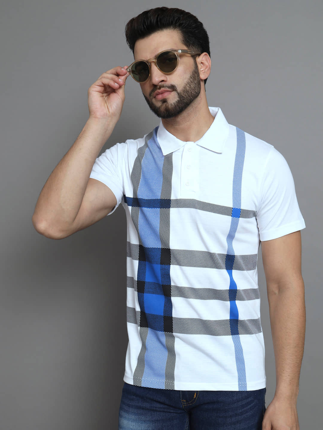 ZEBULUN Pack of 1 Cotton Regular Fit Checks Half Sleeves Men's Polo T Shirt ( White )