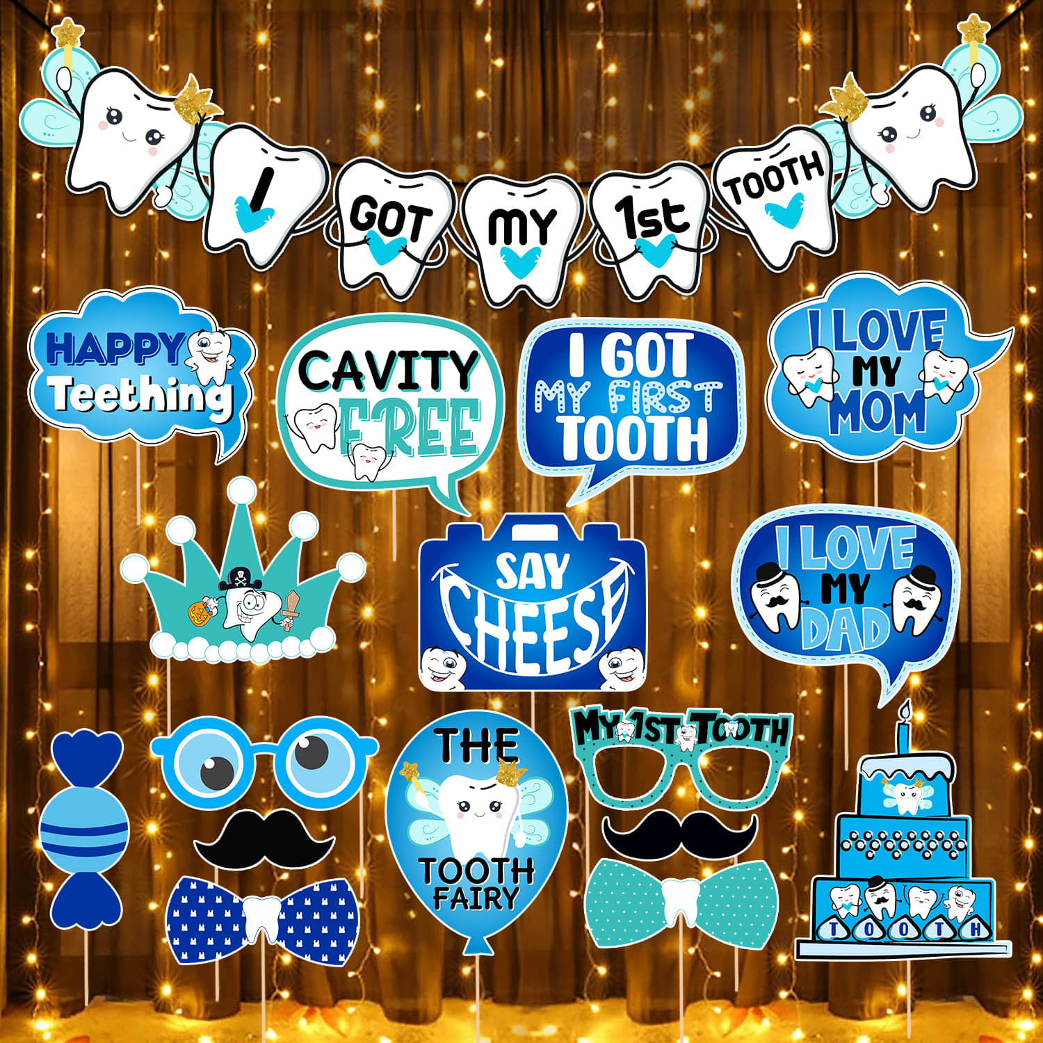     			Zyozi I Got My First Tooth Decoration Items | First Tooth Decoration Combo For Boy - First Tooth Decoration Banner, Photo Booth Props & Rice Light (Pack Of 18)