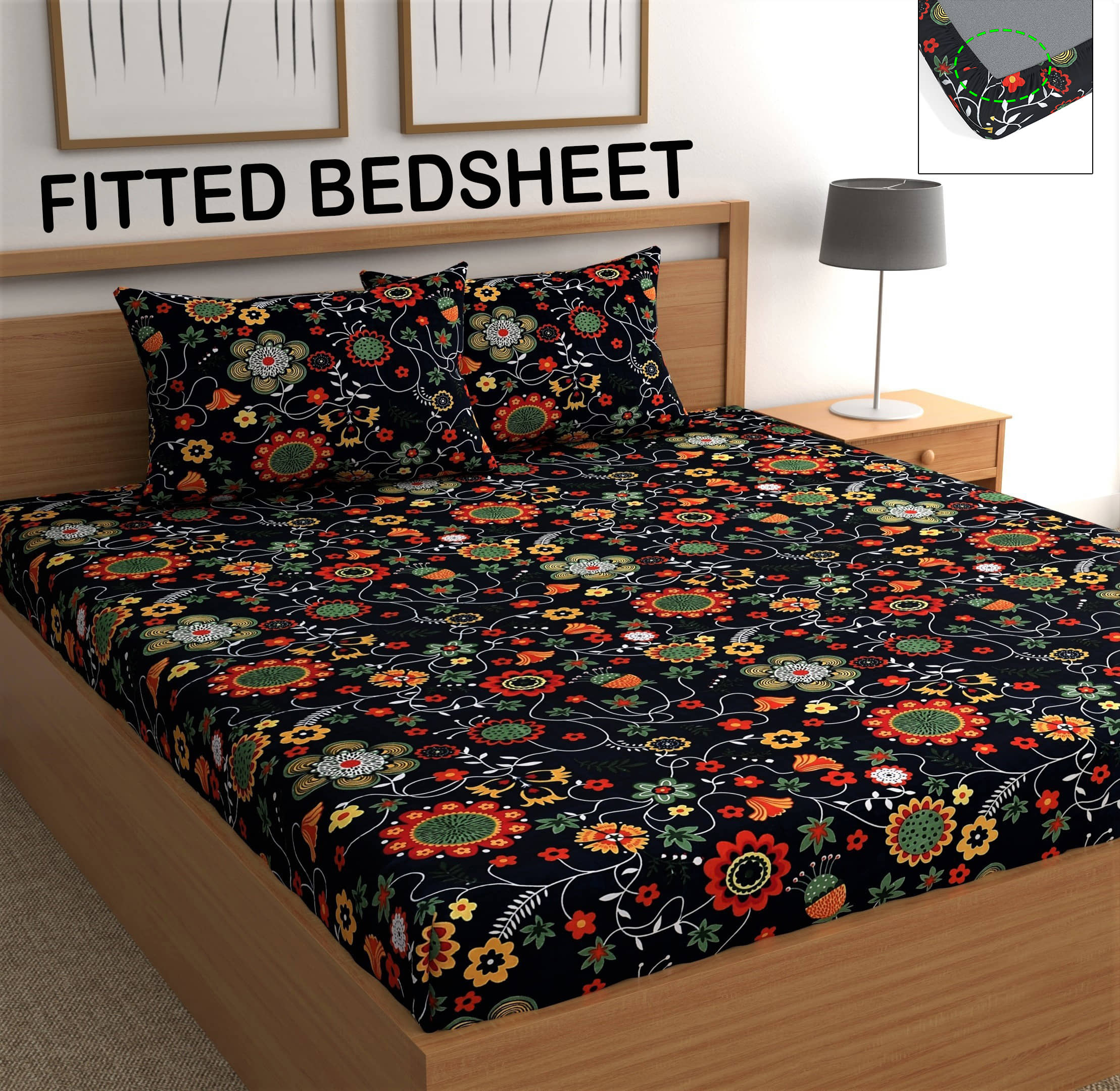 chhavi india Microfibre Abstract Fitted 1 Bedsheet with 2 Pillow Covers ( Double Bed ) - Beige