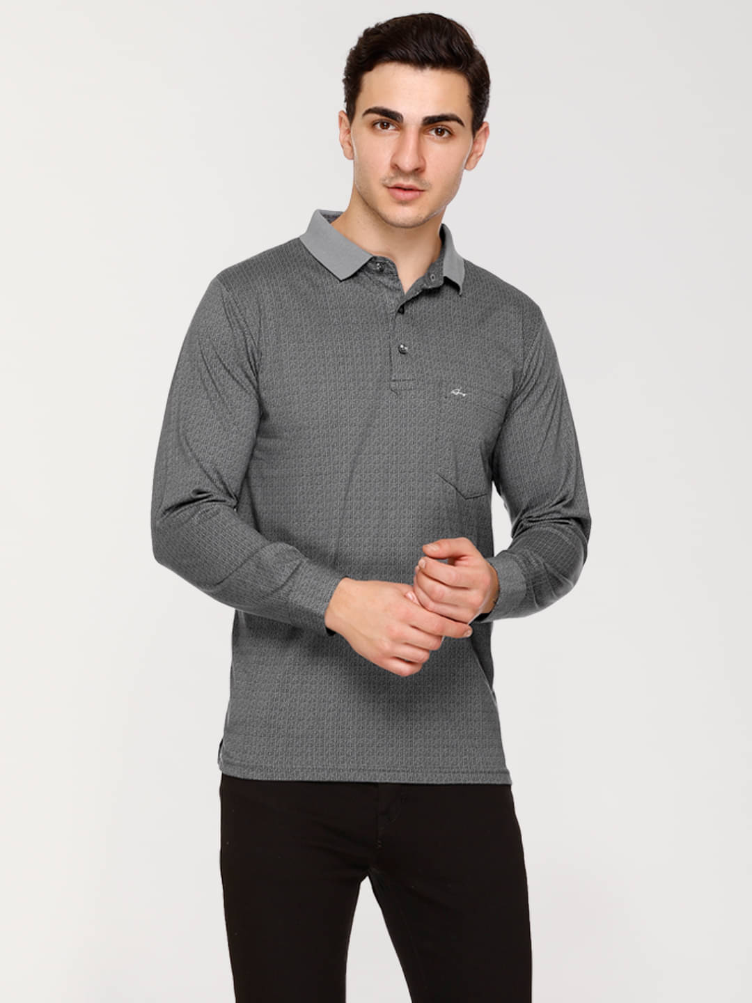 Array Cotton Blend Regular Fit Printed Full Sleeves Men's Polo T Shirt - Grey ( Pack of 1 ) Array Cotton Blend Regular Fit Printed Full Sleeves Men's Polo T Shirt - Grey ( Pack of 1 )