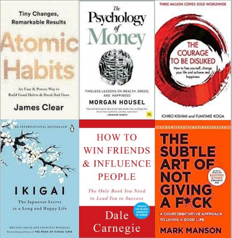     			Atomic Habits + Psychology of Money + Ikigai + How To  Win Friends Influence People + The Courage To Be Disliked + The Subtle Art
