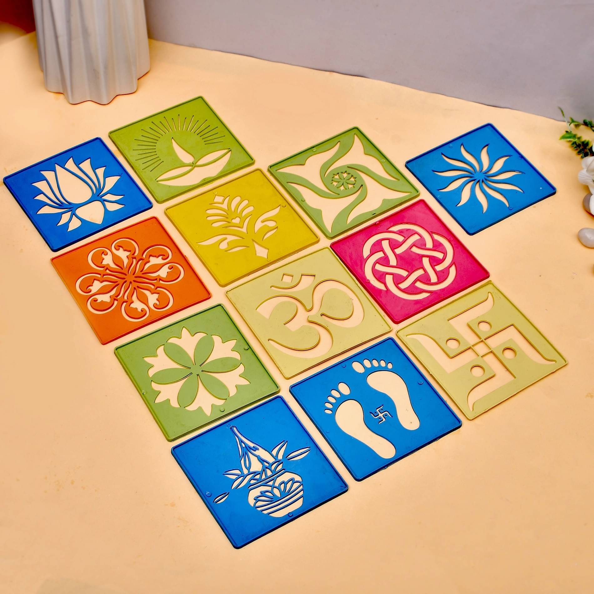 CRAFTAM Different Design Ready to Draw Rangoli Making Stencils, Rangoli Plastic Stencils for Diwali Floor Decoration (Set of 12, Size4x4 Inch) CRAFTAM Different Design Ready to Draw Rangoli Making Stencils, Rangoli Plastic Stencils for Diwali Floor Decoration (Set of 12, Size4x4 Inch)