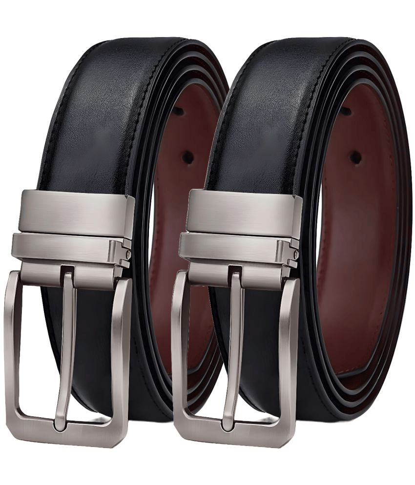 FITKNOT - Black 100% Leather Men's Reversible Belt ( Pack of 2 )