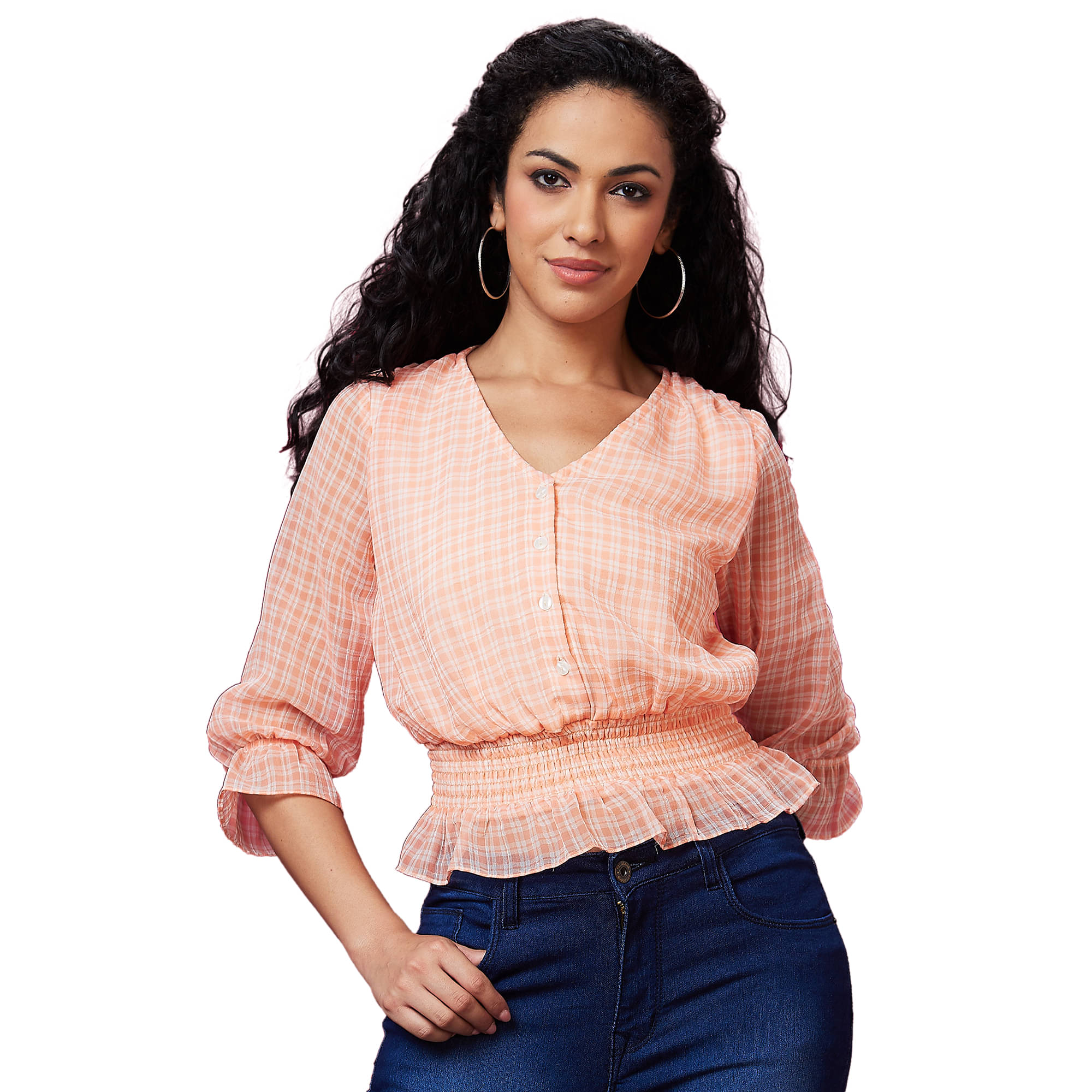 Globus Peach Polyester Women's Peplum Top ( Pack of 1 ) Globus Peach Polyester Women's Peplum Top ( Pack of 1 )