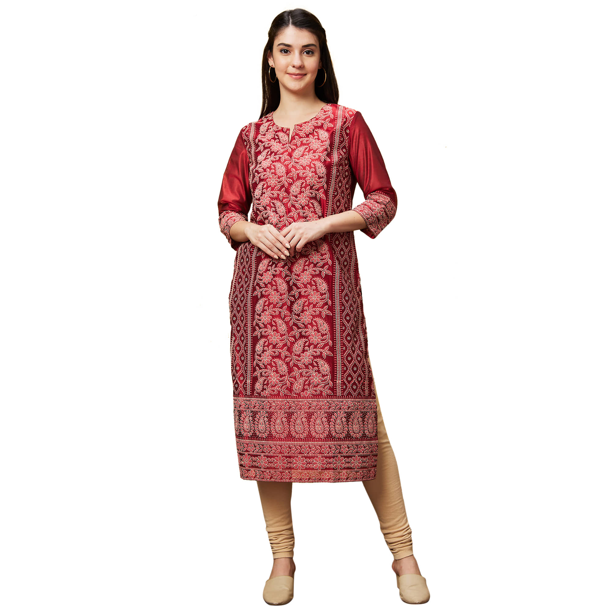 Globus Polyester Embroidered Straight Women's Kurti - Maroon ( Pack of 1 ) - Kurtis, Tunics | Buy online on ZillyBuy