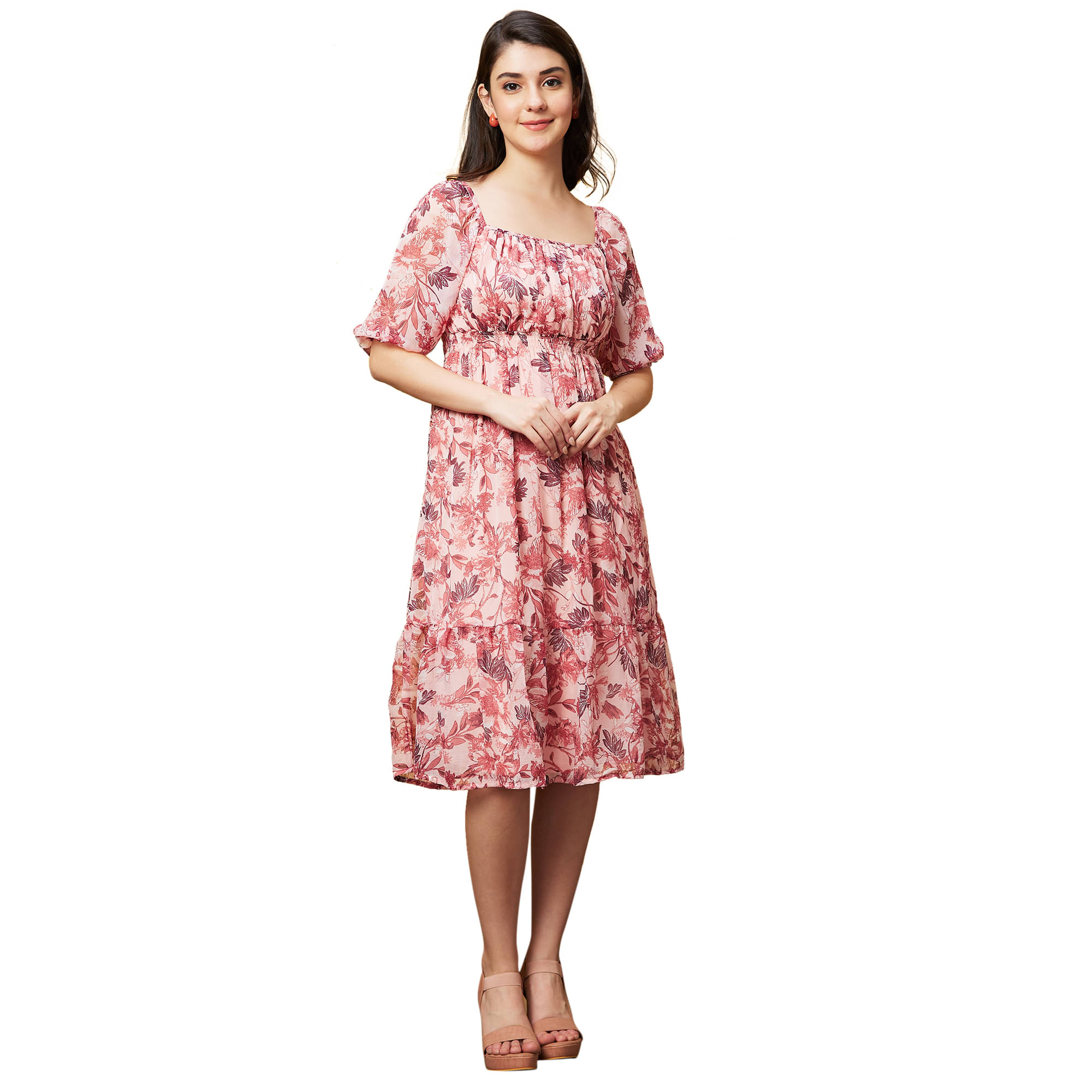    			Globus Polyester Printed Knee Length Women's Fit & Flare Dress - Pink ( Pack of 1 )