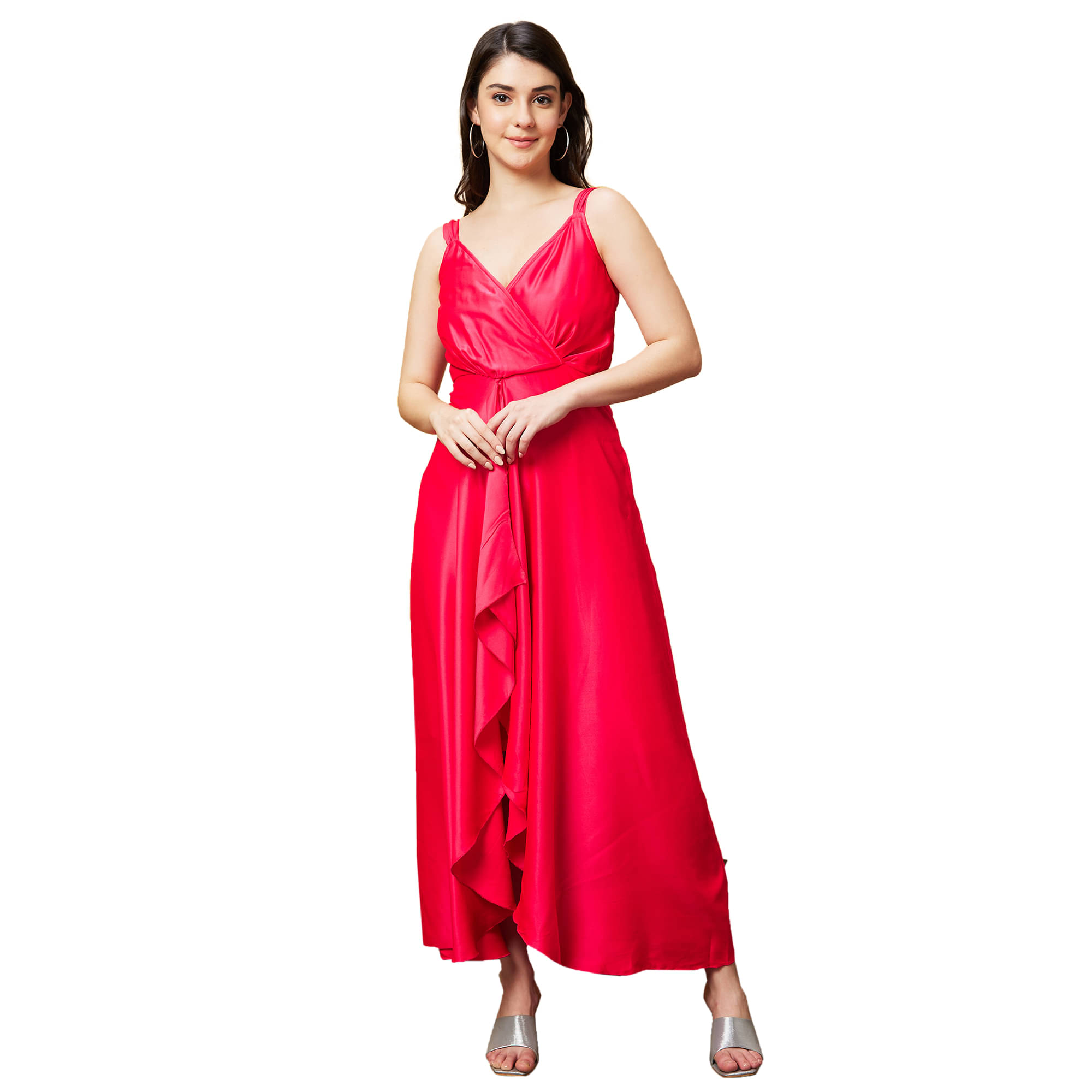     			Globus Polyester Solid Full Length Women's Fit & Flare Dress - Pink ( Pack of 1 )