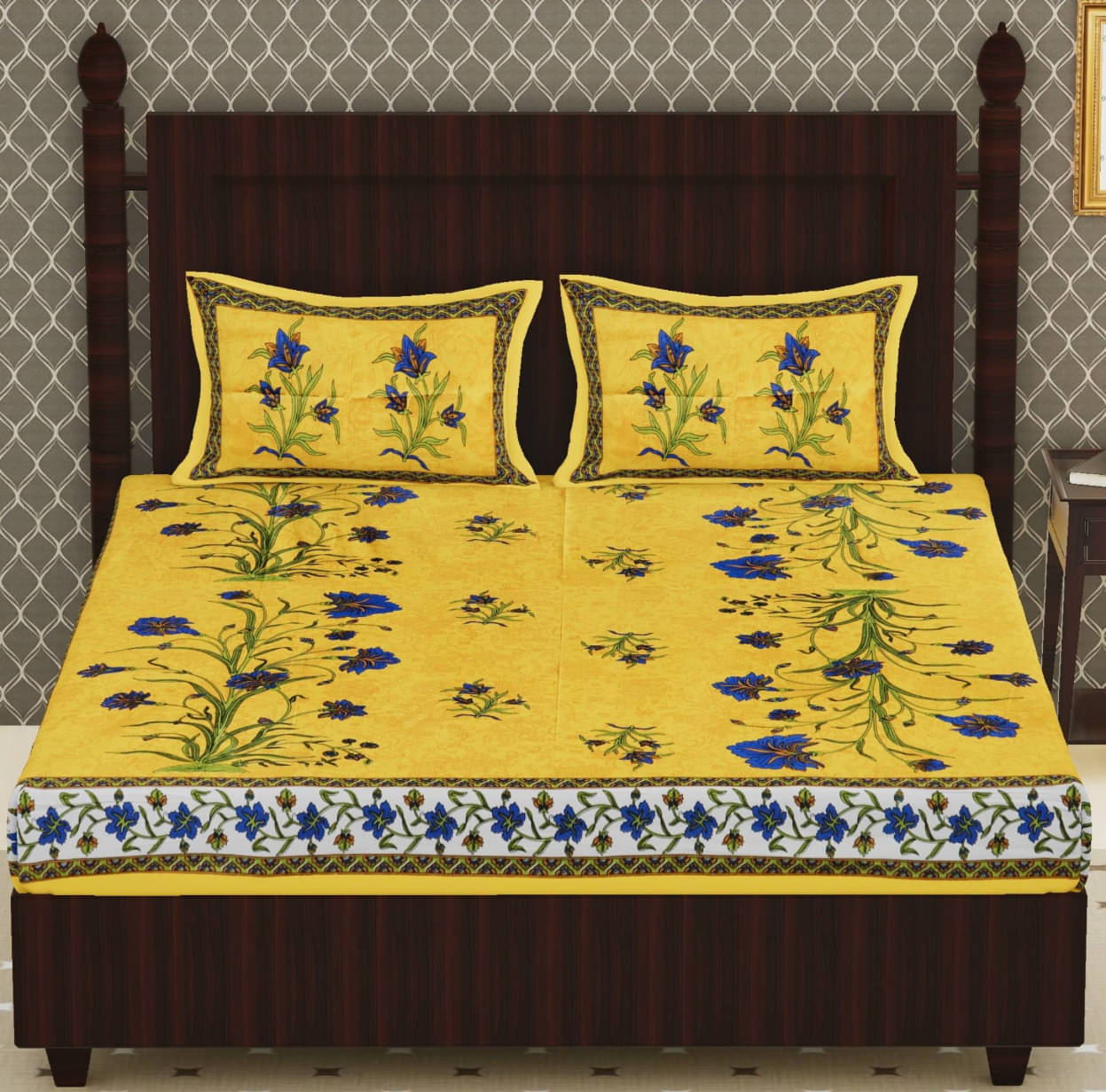     			FrionKandy Living Cotton Floral Printed Double Bedsheet with 2 Pillow Covers - Yellow