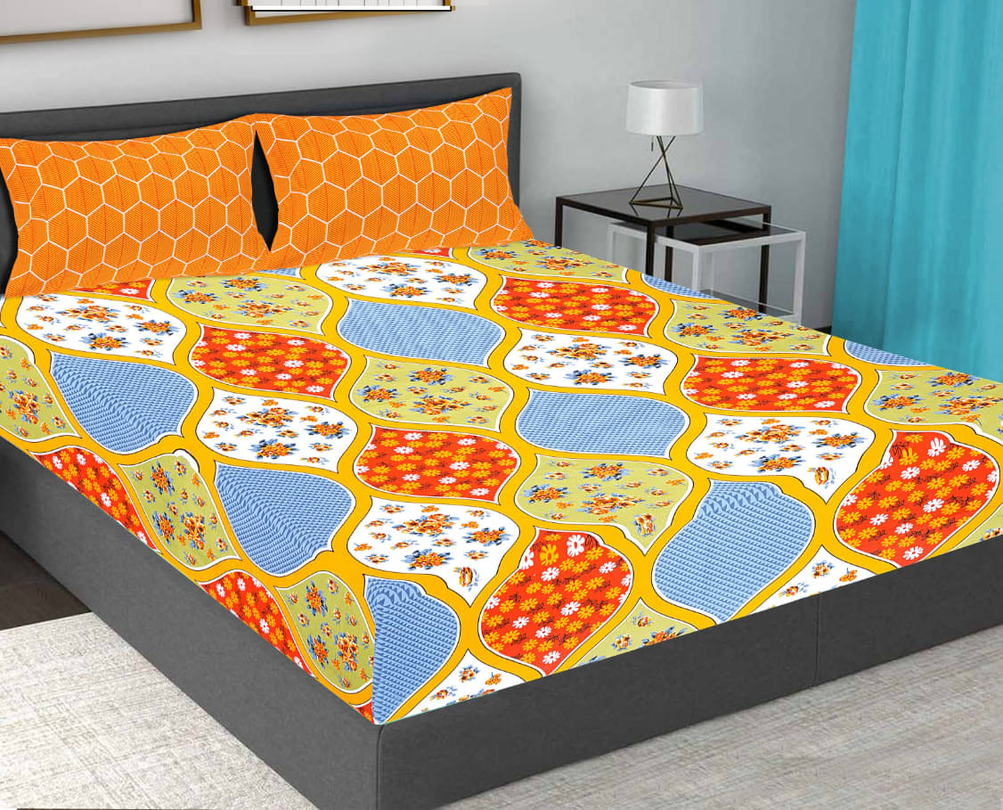     			FrionKandy Living Cotton Floral Printed Double Bedsheet with 2 Pillow Covers - Multicolor