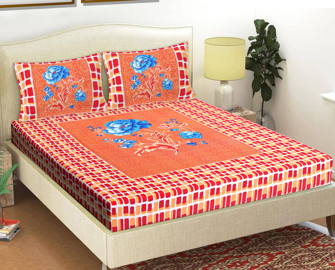     			FrionKandy Living Cotton Floral Printed Double Bedsheet with 2 Pillow Covers - Orange